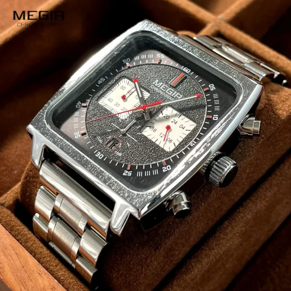 MEGIR Square Dial Quartz Watch Men Stainless Steel Strap Chronograph Sport Wristwatch with Date Luminous Hands 24-hour Indicator - Image 4