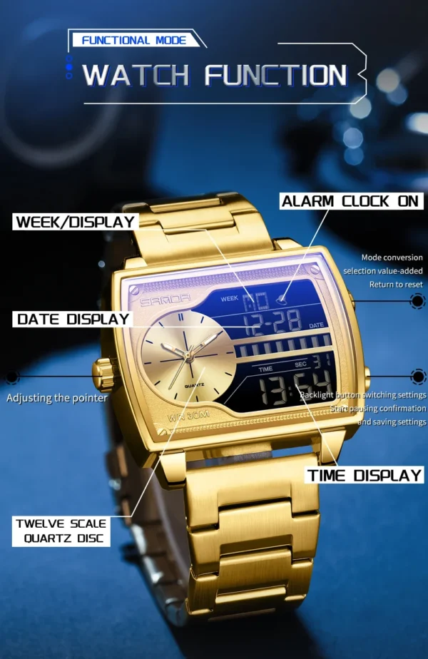SANDA Top Brand Luxury Men Quartz Watch Fashion Square Watch Men Countdown Sports Waterproof Double Display LED Digital Watch - Image 5