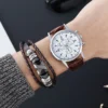 3pcs/set Men Women Leather Strap Digital Watch Luxury Six Pin Men's Watch Blue Glass Belt Business Watch Casual Relogio Feminino - Image 2