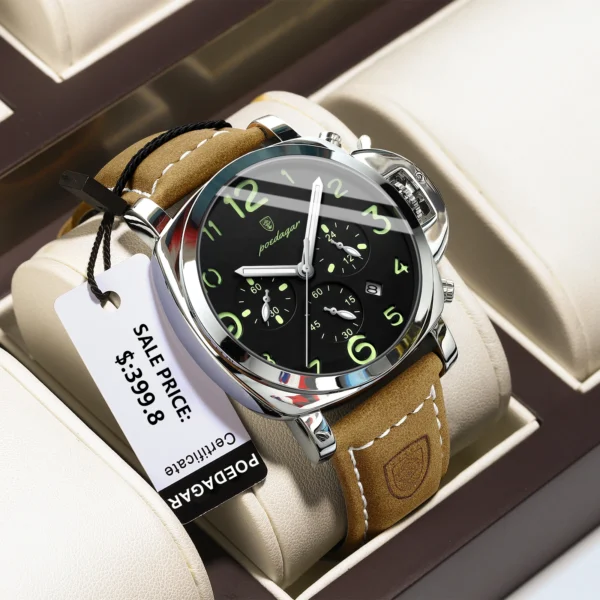 POEDAGAR Luxury Man Watch Chronograph Waterproof Luminous Date Watch for Men Casual Leather Sports Military Men's Quartz Watches - Image 2