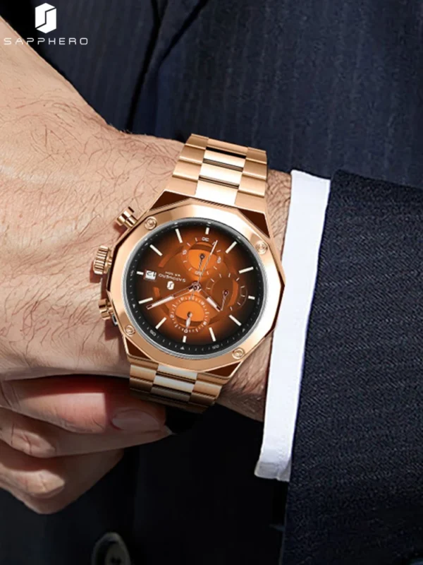 SAPPHERO Rose gold Watch Mens Watch Luxury Stainless Steel Quartz Watch Business Waterproof Luminous Calendar Wristwatch - Image 6