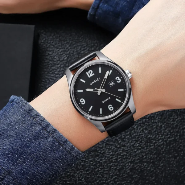 SKMEI Mens Casual Date 3Bar Waterproof Business Wristwatch reloj hombre Clock New Simple Genuine Leather Strap Quartz Watches - Image 4