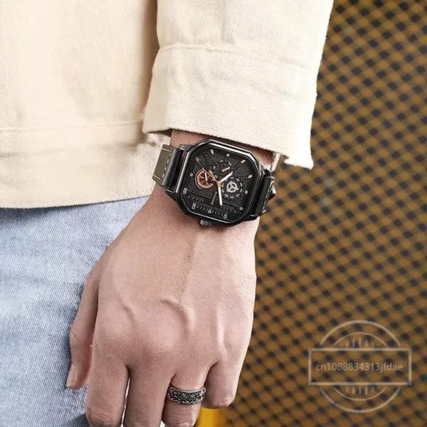 Men Quartz Watches Alloy Dial Business Men Watch PU Leather Strap Big Dial Square Sports Watch Cool Black Wristwatch for Man - Image 6