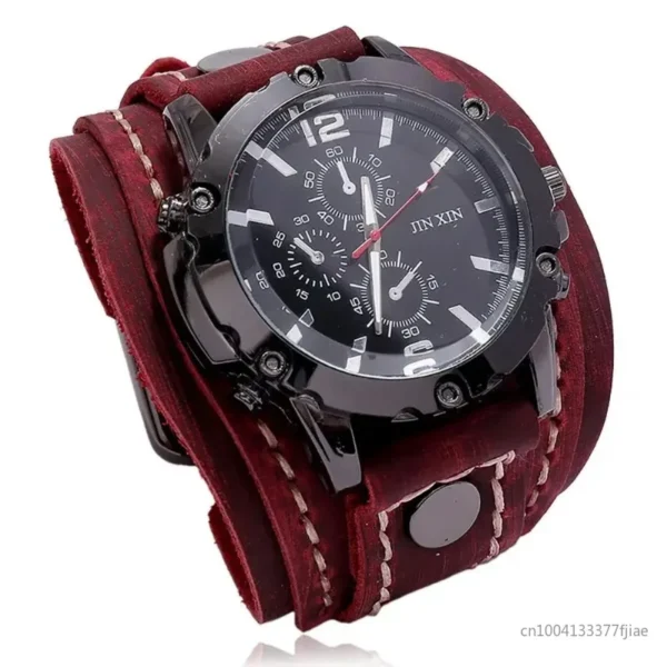 Retro Mens Quartz Watch Round Dial Precise Adjustable Cool Birthday Gift Universal Handmade Sewing Faux Leather Strap Watch - Image 5