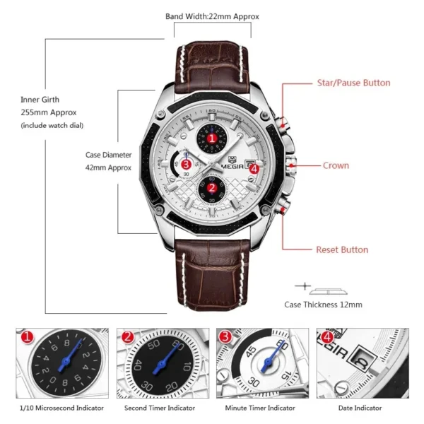 MEGIR 2015 Men Quartz Watch Leisure Unique Business Date Chronograph Display Black Brown Leather Strap Wrist Watches for Male - Image 5