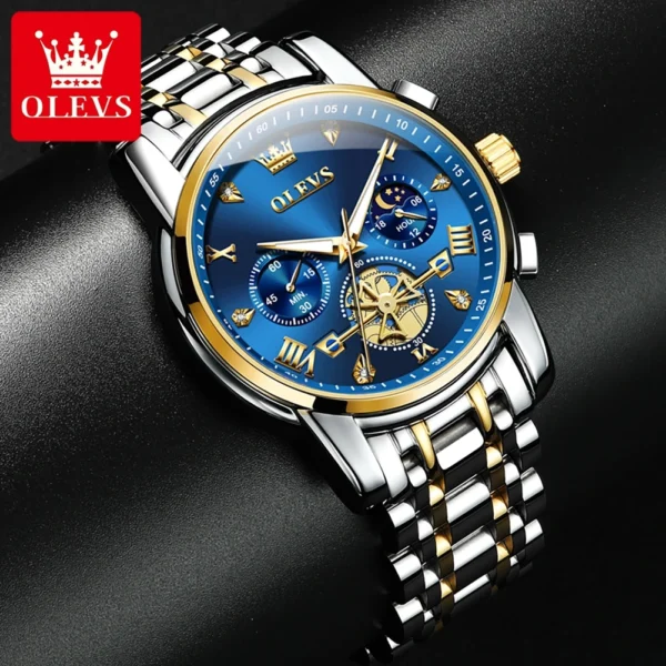 OLEVS 2856 Quartz Watch for Men Flywheel Skeleton Chronograph Moon Phase Multifunctional Stainless steel Men's Wristwatches - Image 2