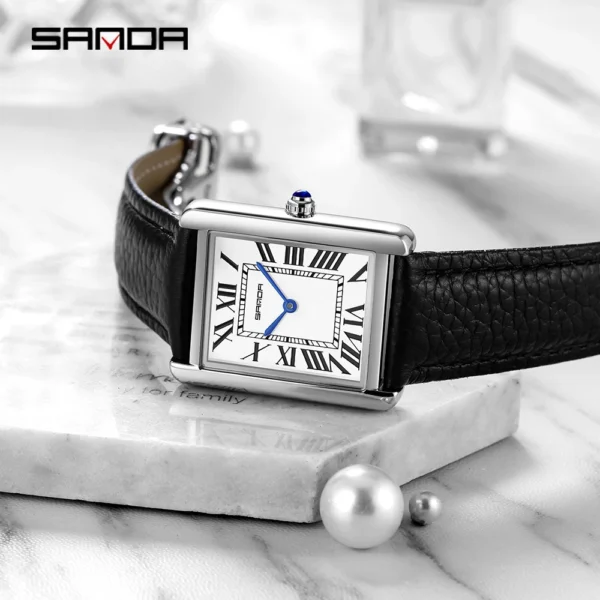 SANDA Men Women Quartz Watch Roman Numeral Square Stainless Steel Leather Wristwatch Casual Lovers Water Resistant Ladies Watch - Image 6