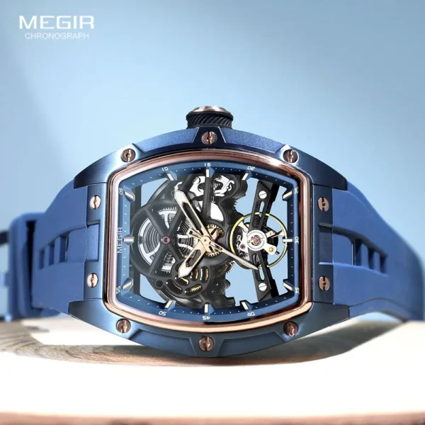 MEGIR 2242 Blue Automatic Watch for Men Sport Waterproof Stainless Steel Mechanical Wristwatch with Silicone Strap Skeleton Dial