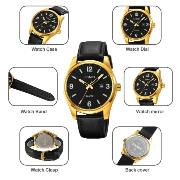 SKMEI Mens Casual Date 3Bar Waterproof Business Wristwatch reloj hombre Clock New Simple Genuine Leather Strap Quartz Watches - Image 5