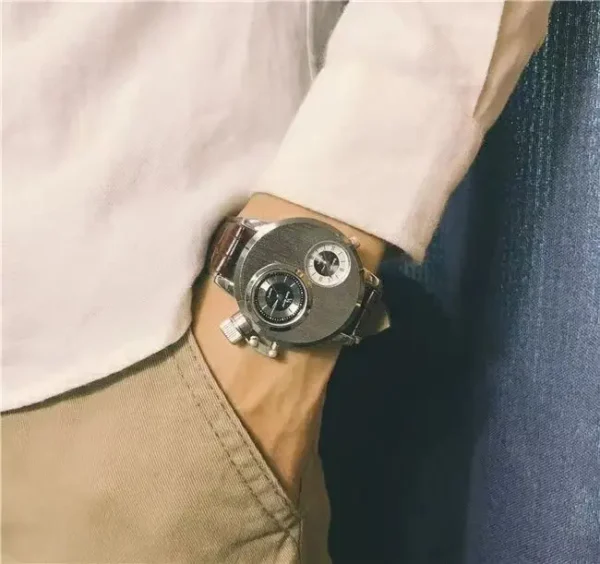 YIKAZE Luxury Quartz Men's Watches Punk Style Dual Dial Business Men Wristwatch Stainless Steel Strap Waterproof Military Watch - Image 3