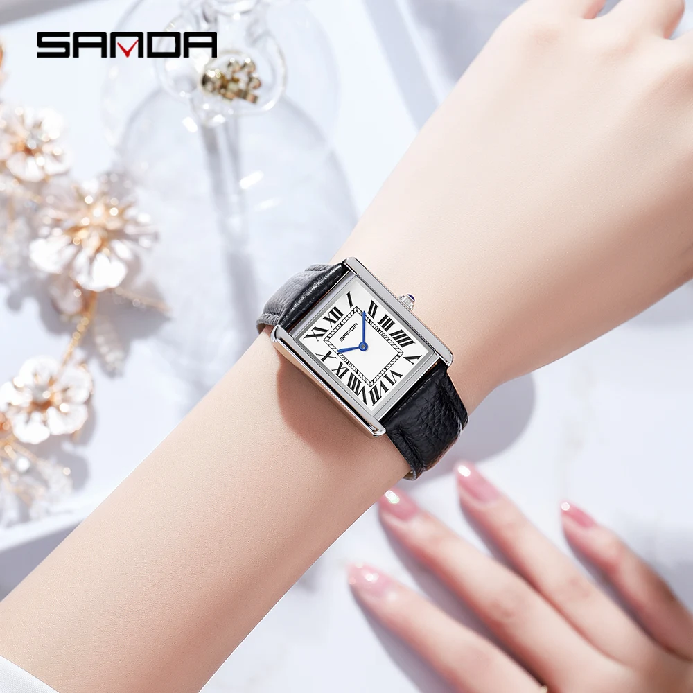 SANDA Men Women Rectangular Quartz Wrist Watches for Casual Ladies Stainless Watches Luxury Leather Lovers Gift Box Clock - Image 5
