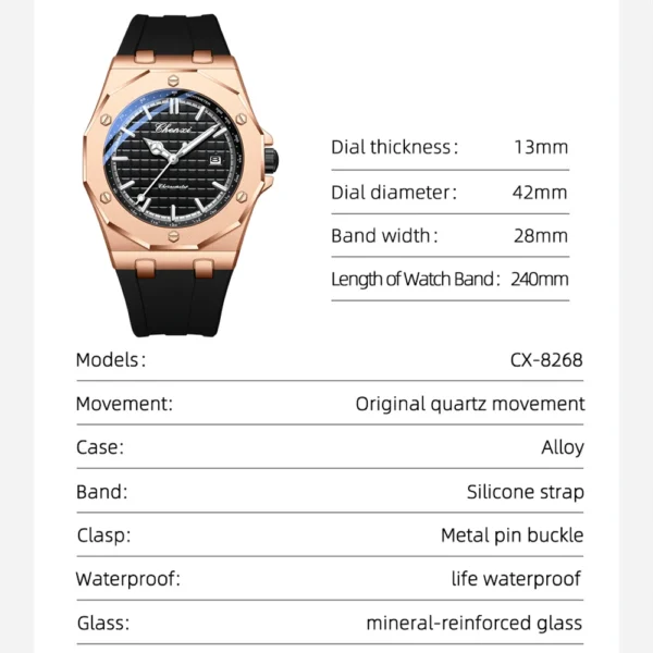 Fashion Chenxi Top Brand Mens Luxury Casual Dial Stainless Steel Calendar Luminous Waterproof Male Silicone Calendar Wrist Watch - Image 3
