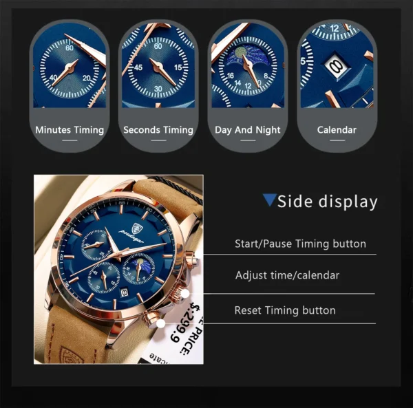 POEDAGAR Men Quartz Watch Luxury Sports Waterproof Chronograph Luminous Date Man Wristwatch Business Leather Men's Watches Clock - Image 4