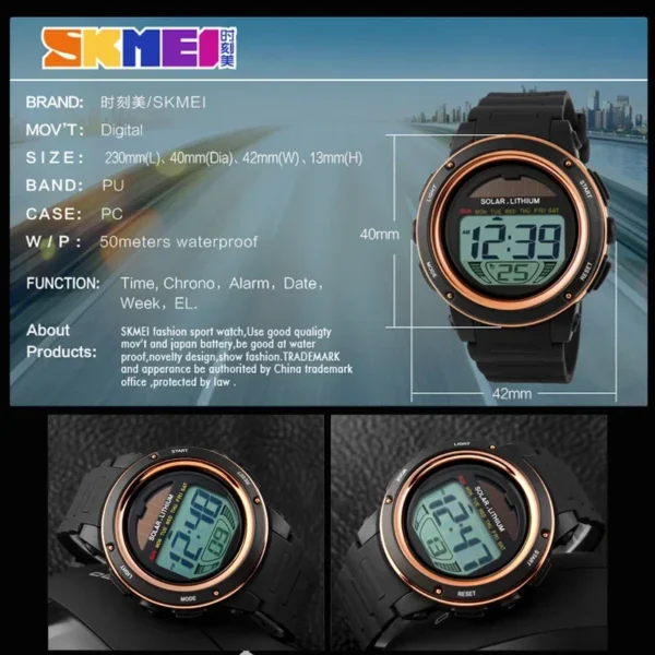 Skmei Men Solar PU Strap Wristwatches Mens Chronograph Alarm 5Bar Waterproof Digital Watch Reloj Hombre Outdoor Sport Watch 1096 - Image 6