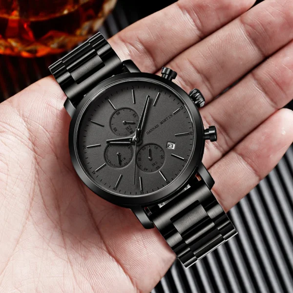 Hannah Martin Watches For Men Calendar Six-Hand Chronograph Multi-function Men's Watch Black Waterproof Steel Strap Quartz Clock - Image 6
