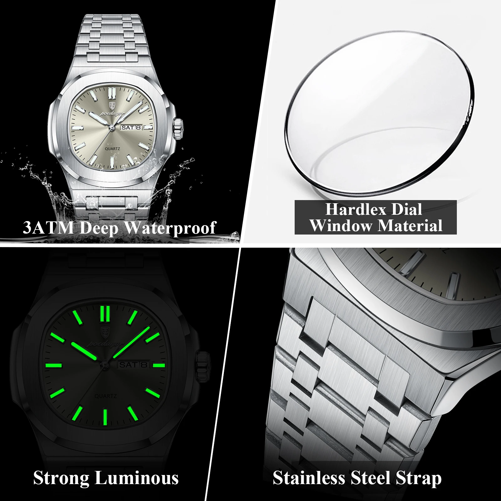 POEDAGAR Luxury Military Man Watch Square Waterproof Luminous Date Week Men Watch Stainless Steel Quartz Men's Watches Reloj+box - Image 4