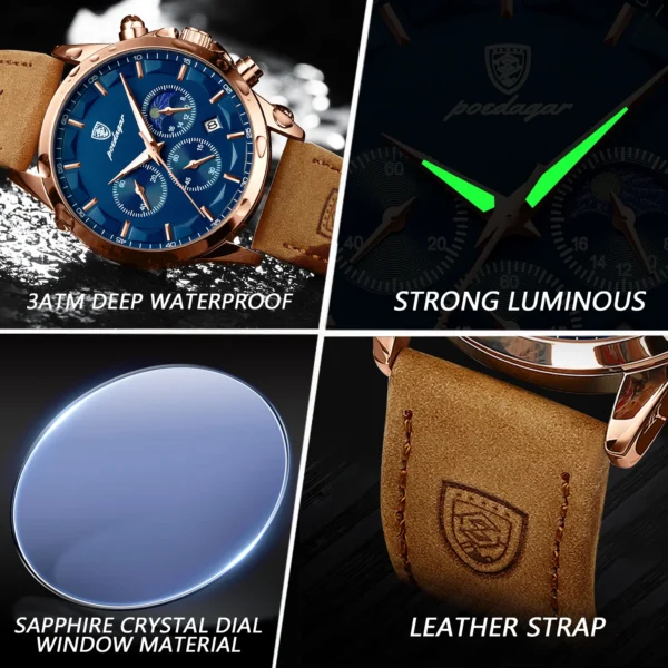 POEDAGAR Men Quartz Watch Luxury Sports Waterproof Chronograph Luminous Date Man Wristwatch Business Leather Men's Watches Clock - Image 3