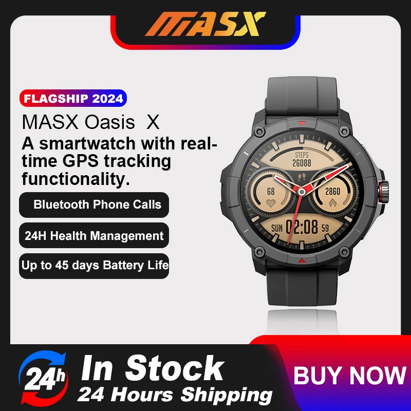 MASX Oasis X Premium GPS Smart Watch Alexa Ultra HD Display Built-in GPS Hi-Fi Bluetooth Phone Calls Military Grade Sports Watch