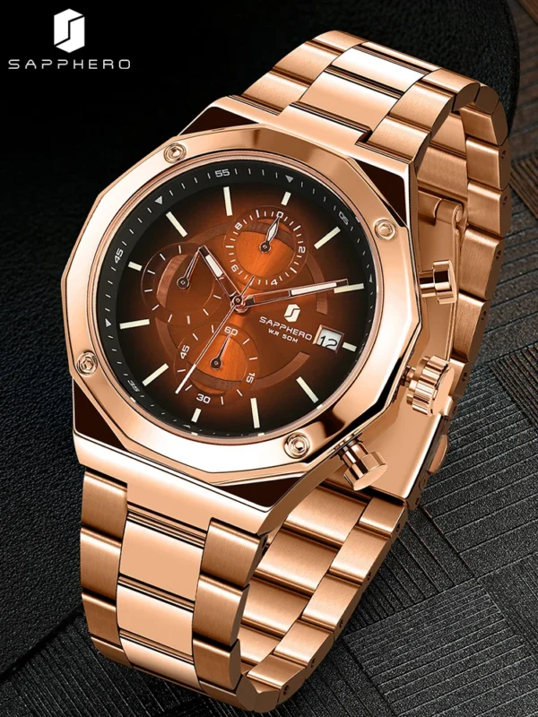 SAPPHERO Rose gold Watch Mens Watch Luxury Stainless Steel Quartz Watch Business Waterproof Luminous Calendar Wristwatch