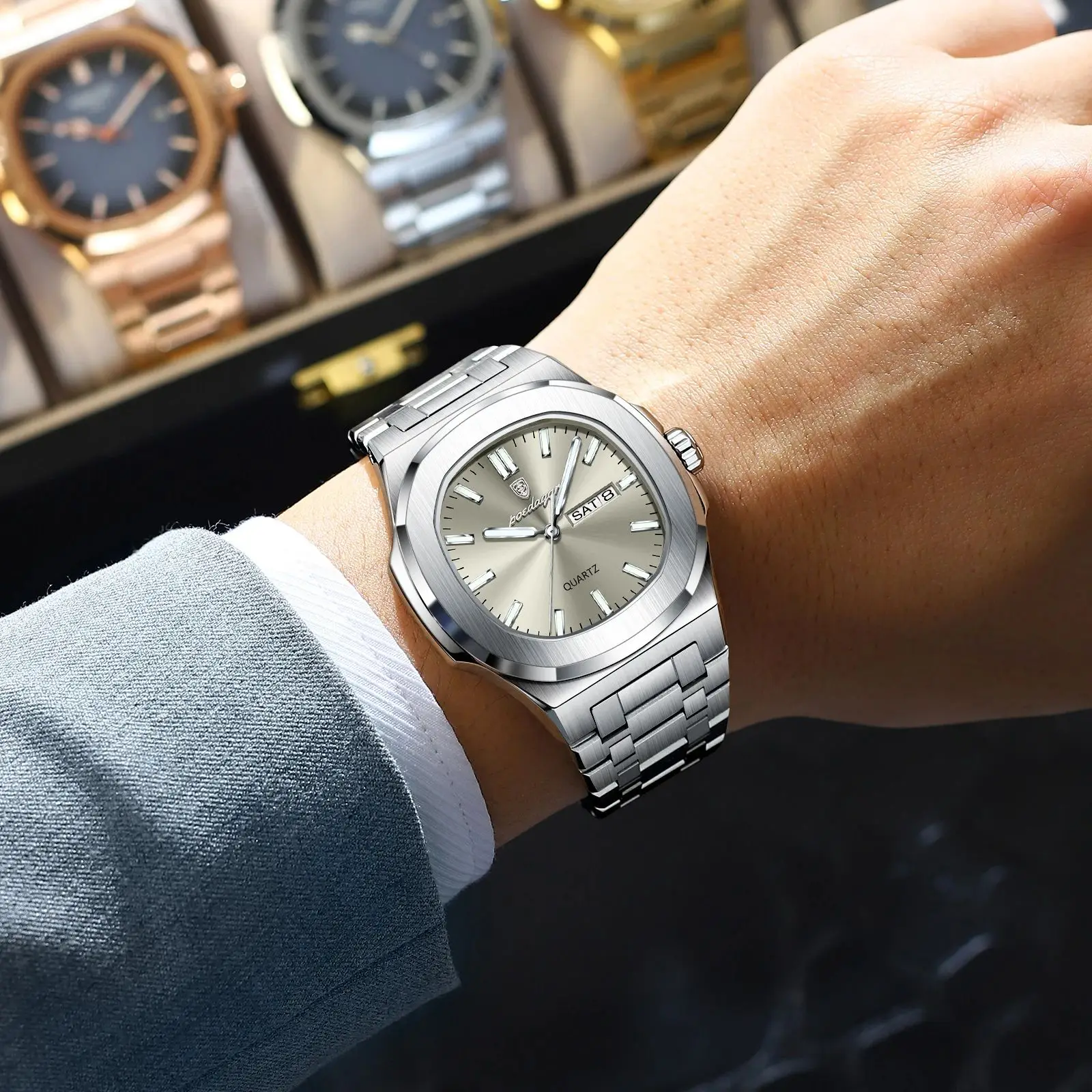 POEDAGAR Luxury Military Man Watch Square Waterproof Luminous Date Week Men Watch Stainless Steel Quartz Men's Watches Reloj+box - Image 5