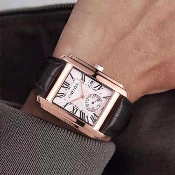 Luxury Top Brand Square Mens Wristwatches Unique Design Rose Gold Calendar Stop Watch Genuine Leather Quartz Business Male Clock - Image 2
