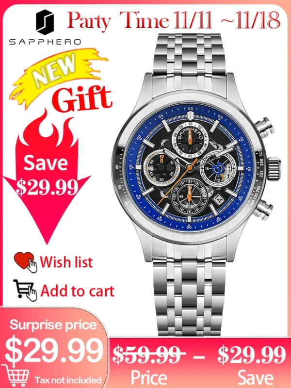 SAPPHEROFashion Men's Watch 50M Waterproof Clock Date Chronograph Mechanical Style Quartz Watch For Men 2024 New Gift Wristwatch