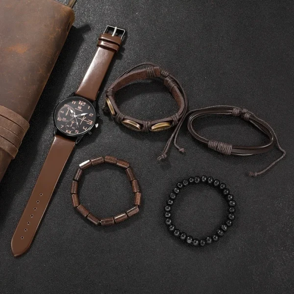 Kegllect 5PCS Men Quartz Watch Round Dial Leather Strap Bracelet Set Ideal Choice for Gifts(Without Box) - Image 5