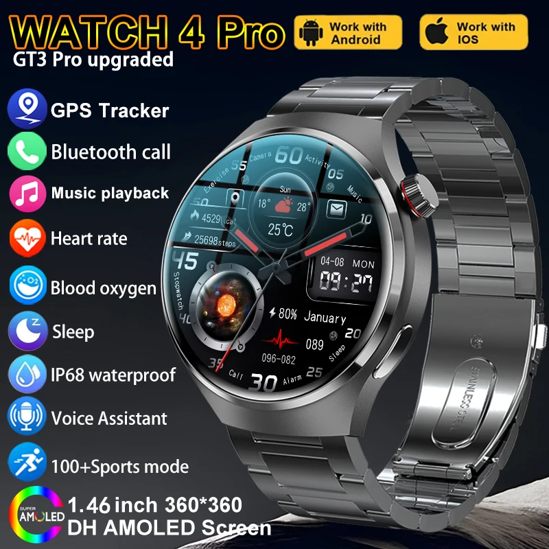 For HUAWEI GT 4 Pro GPS NFC Smart Watch Men 360*360 AMOLED Screen Heart rate Bluetooth Call IP68 Waterproof Man Smartwatch 2024