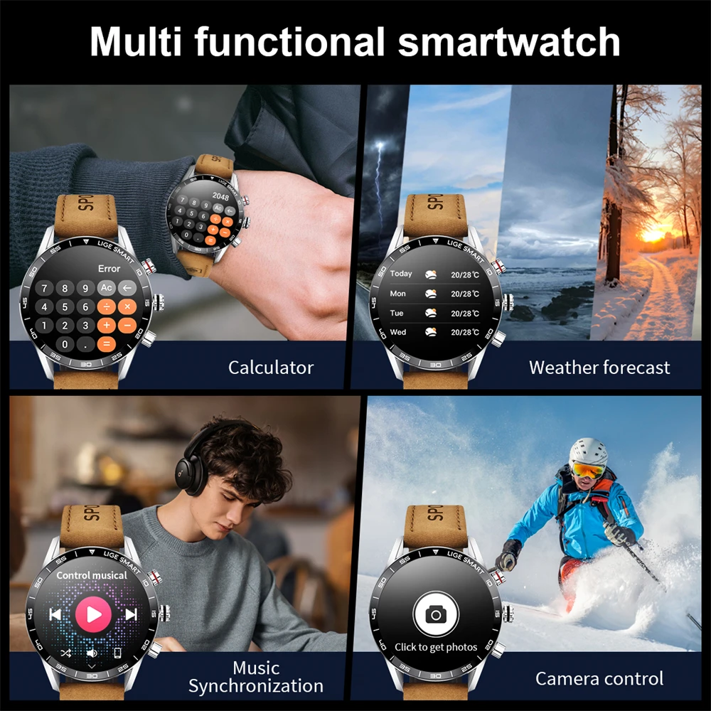 LIGE New Leather Military Digital Watches Smart Watch Men OLED HD Screen Heart Rate Bluetooth Call Waterproof Outdoor Smartwatch - Image 4