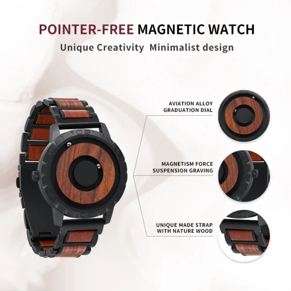 EUTOUR-Men's Solid Wood Magnetic Watch, Luxury Sport Quartz, Waterproof Watch, Original Fashion - Image 3