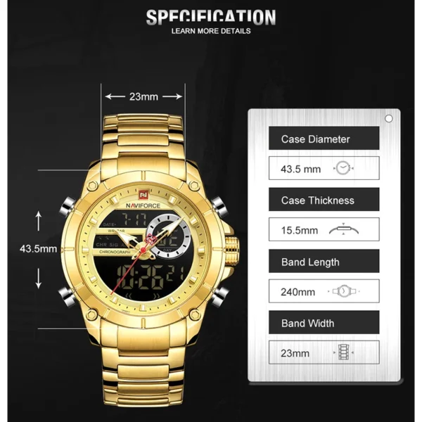 Luxury Brand NAVIFORCE Sport Watches For Men Fashion Gold Quartz WristWatch Steel Band Digital Chronograph Waterproof Clock 9163 - Image 3