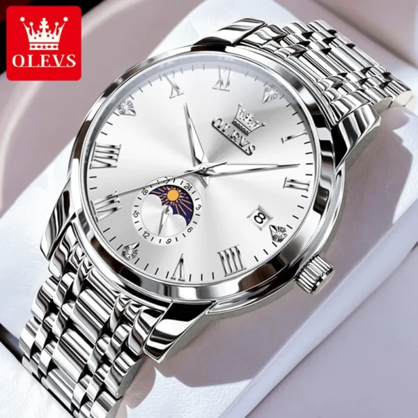 OLEVS Top Brand Men's Watches Fashion Original Quartz Watch for Man Waterproof Stainless Steel Luminous Wristwatch Moon Phase