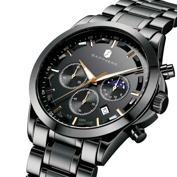 SAPPHERO Luxury Watch for Man Elegant Date Waterproof Luminous Black Wristwatch Quartz Stainless Steel Sports Men's Watches - Image 2