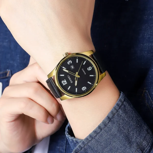 SKMEI Mens Casual Date 3Bar Waterproof Business Wristwatch reloj hombre Clock New Simple Genuine Leather Strap Quartz Watches - Image 3