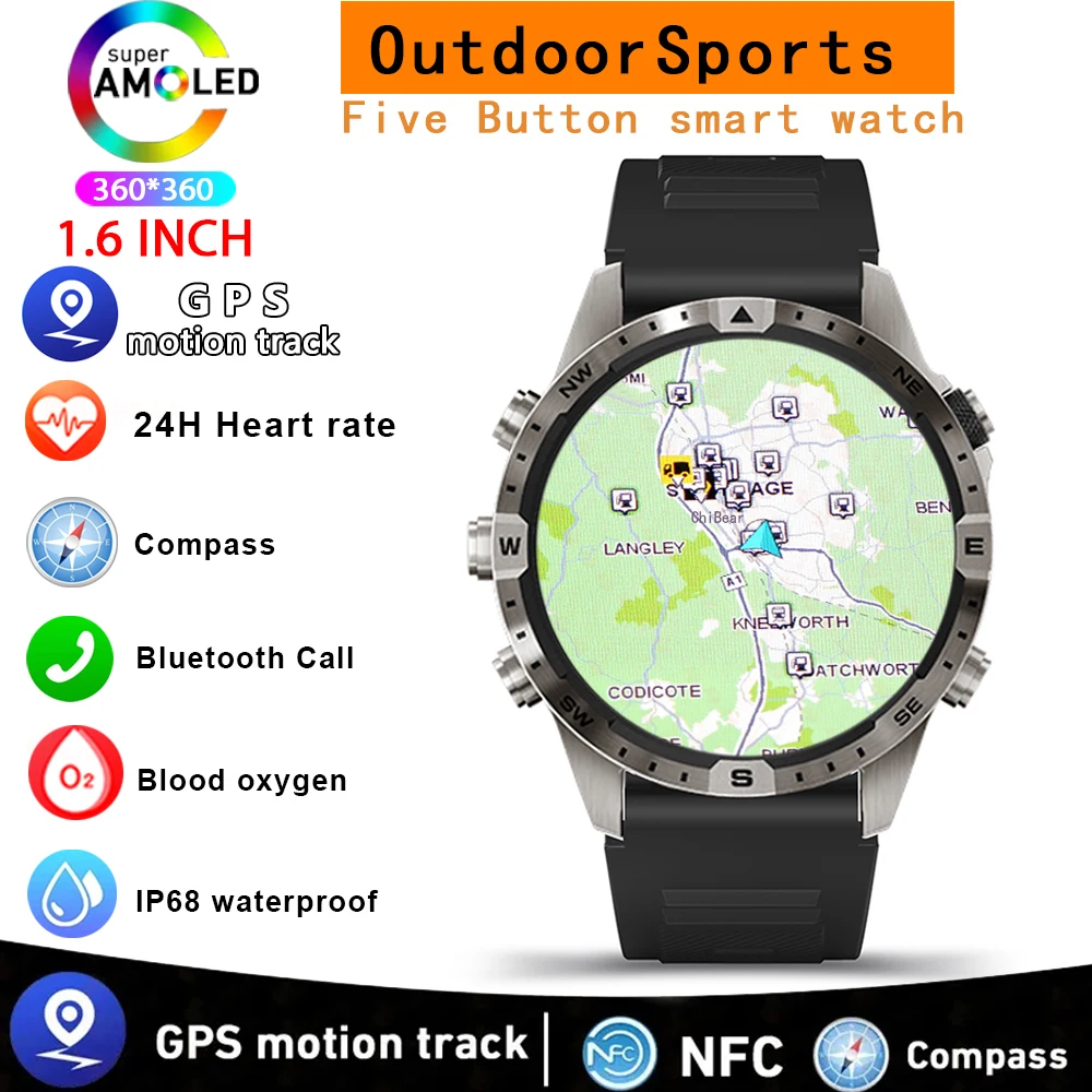 Outdoors Compass Smart Watch Men GPS Tracker 5keys 1.6 Inch AMOLED 360*360 HD Screen Bluetooth Call SmartWatch For Android IOS