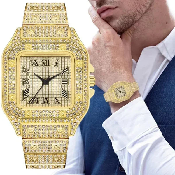 MAYZHISU Watch For Men Luxury Gold Square Men's Wristwatch Alloy Strap Full Diamond Business Quartz Watch for man Clock Gifts - Image 3