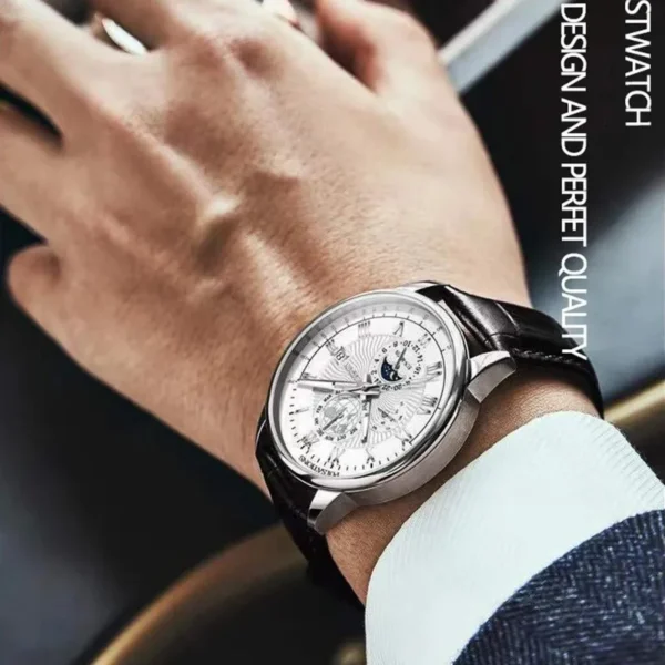Luxury Man Watch Waterproof Chronograph Moon Phase Pattern Luminous Men's Wristwatch Leather Men Quartz Watches Casual Clock - Image 3