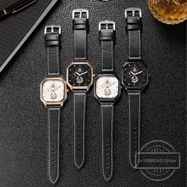 Men Quartz Watches Alloy Dial Business Men Watch PU Leather Strap Big Dial Square Sports Watch Cool Black Wristwatch for Man - Image 4