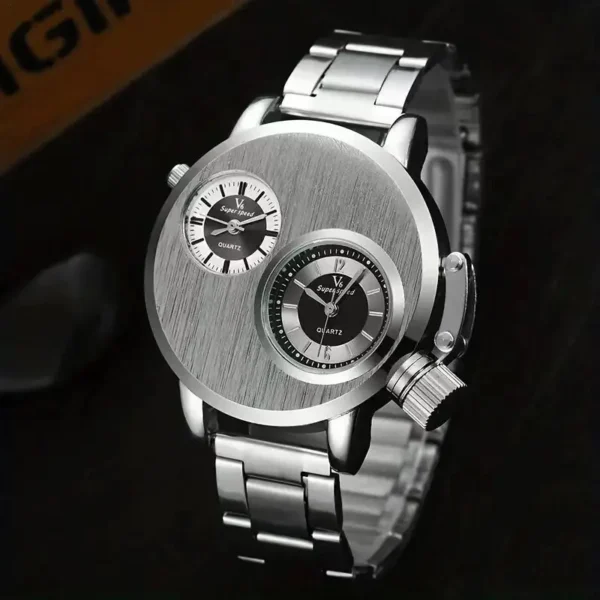 YIKAZE Luxury Quartz Men's Watches Punk Style Dual Dial Business Men Wristwatch Stainless Steel Strap Waterproof Military Watch