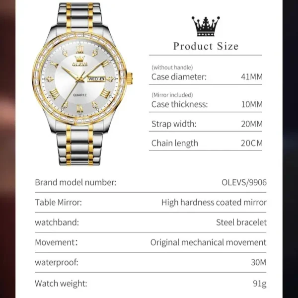OLEVS 9906 Quartz Men's Watch Classic Fashion Men's Business Waterproof Stainless Steel Diamond dial Top Luxury Brand Men Watch - Image 6
