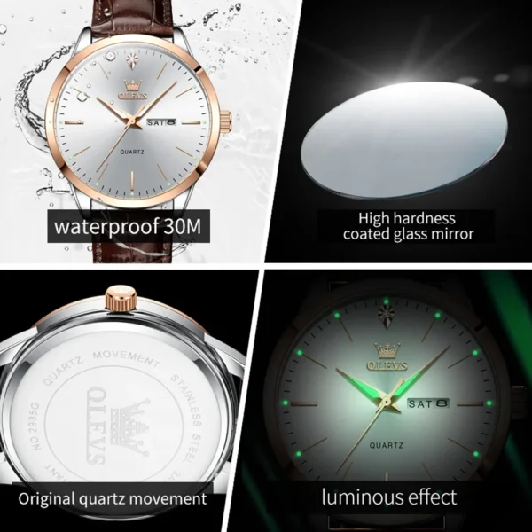 OLEVS Fashion Business Brand Original Men Watches Leather Strap Trend Week Calendar Quartz Watch Luminous Waterproof 43mm Dial - Image 5