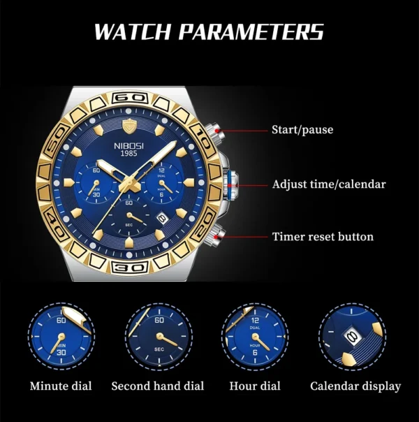 NIBOSI Luxury Men Watch Waterproof Luminous Chronograph Date Stainless Steel Watch for Men Quartz Military Men's Watches Reloj - Image 2