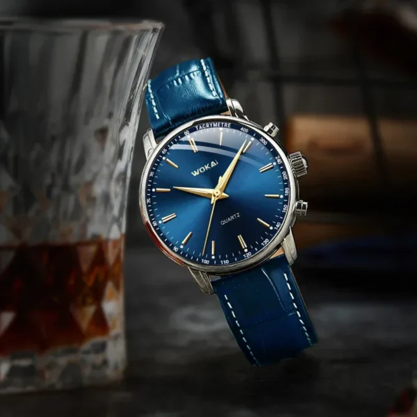 2023 Hot Sale Wokai Watch Men Blue Sport Watches Blue Leather Band Quartz Wristwatches Men Best Gifts Low Price Reloj Hombre - Image 3