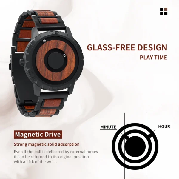 EUTOUR-Men's Solid Wood Magnetic Watch, Luxury Sport Quartz, Waterproof Watch, Original Fashion - Image 4