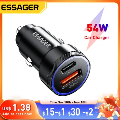 Essager 54W Car Charger 5A Fast Charging Type C Quick Charge 3.0 QC PD 3.0 SCP USB Car Charger For Xiaomi Samsung Iphone Charger