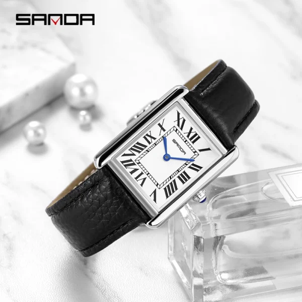 SANDA Men Women Quartz Watch Roman Numeral Square Stainless Steel Leather Wristwatch Casual Lovers Water Resistant Ladies Watch - Image 4
