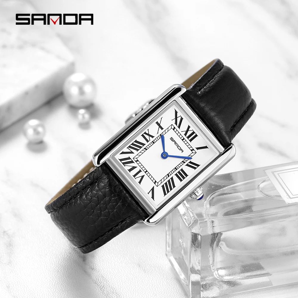 SANDA Men Women Rectangular Quartz Wrist Watches for Casual Ladies Stainless Watches Luxury Leather Lovers Gift Box Clock - Image 4