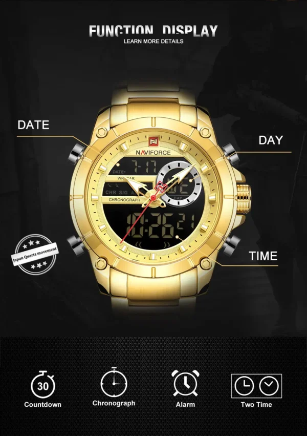 Luxury Brand NAVIFORCE Sport Watches For Men Fashion Gold Quartz WristWatch Steel Band Digital Chronograph Waterproof Clock 9163 - Image 5