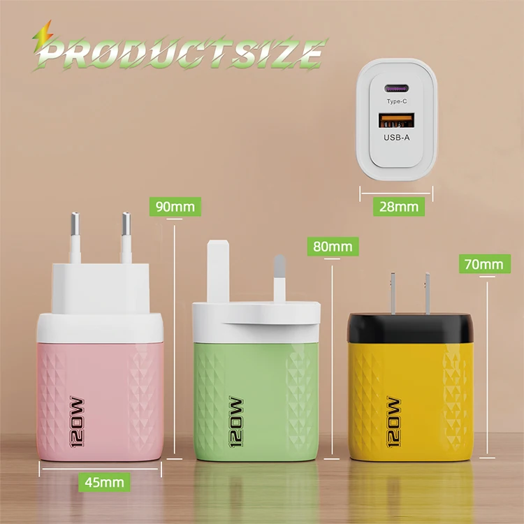US/EU/UK A+C 2 Port Mobile Phone Charger Fast Charging Adapter 120W USB Type C Cell Phone Fast Charger - Image 4