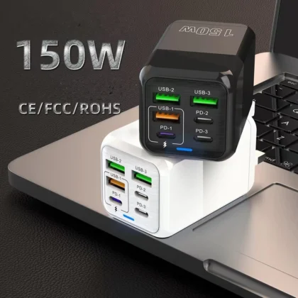 150W 6 Ports Pd QC 4.0 Usb C Fast Charger Wall Adapter Super Fast Charging For Iphone Samsung Ipad Xiaomi Huawei Oneplus Oppo